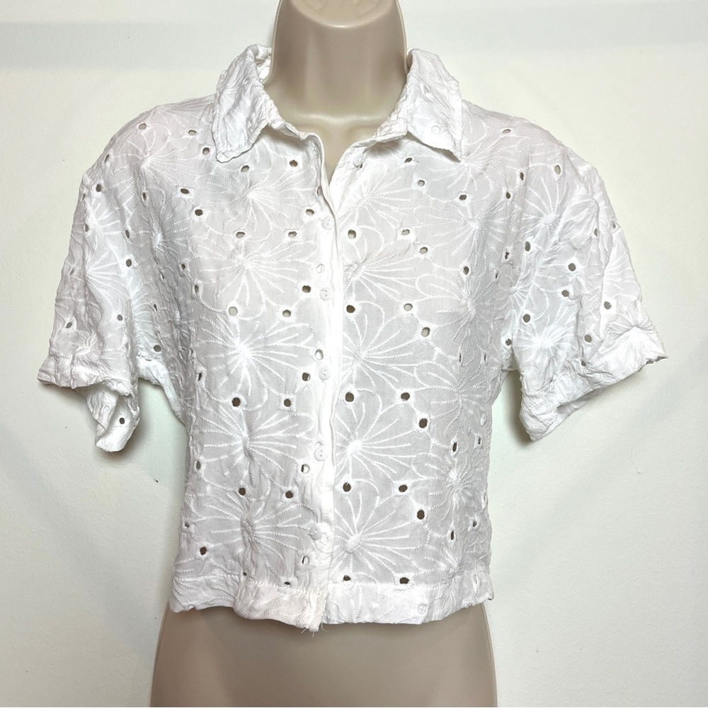 Ocean Drive White Beach Boho Swim Eyelet Button-Up Collared Crop Top Small